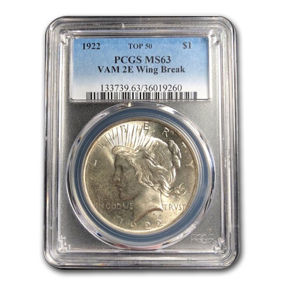 1922 Peace Dollar MS-63 PCGS (VAM 2E Wing Break Top 50) 1922 Peace Dollar MS-63 PCGS (VAM 2E Wing Break Top 50)
